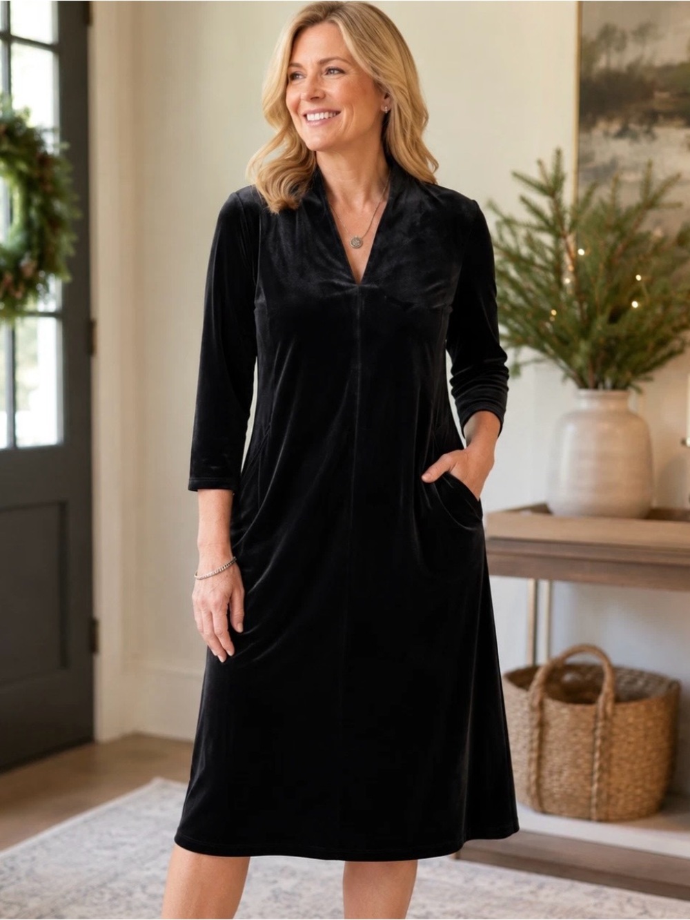 J.Jill Wearever Velvet-Knit Dress V-Neck Soft Whimsy